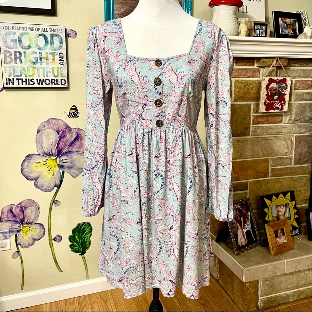 Mudd Square Neck Romantic Paisley Print smocked babydoll Dress Size medium